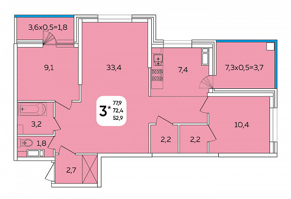3-к квартира, 80 кв.м.